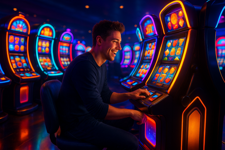 Online Slots Beginner's Guide in India - Image of a virtual casino with slot machines